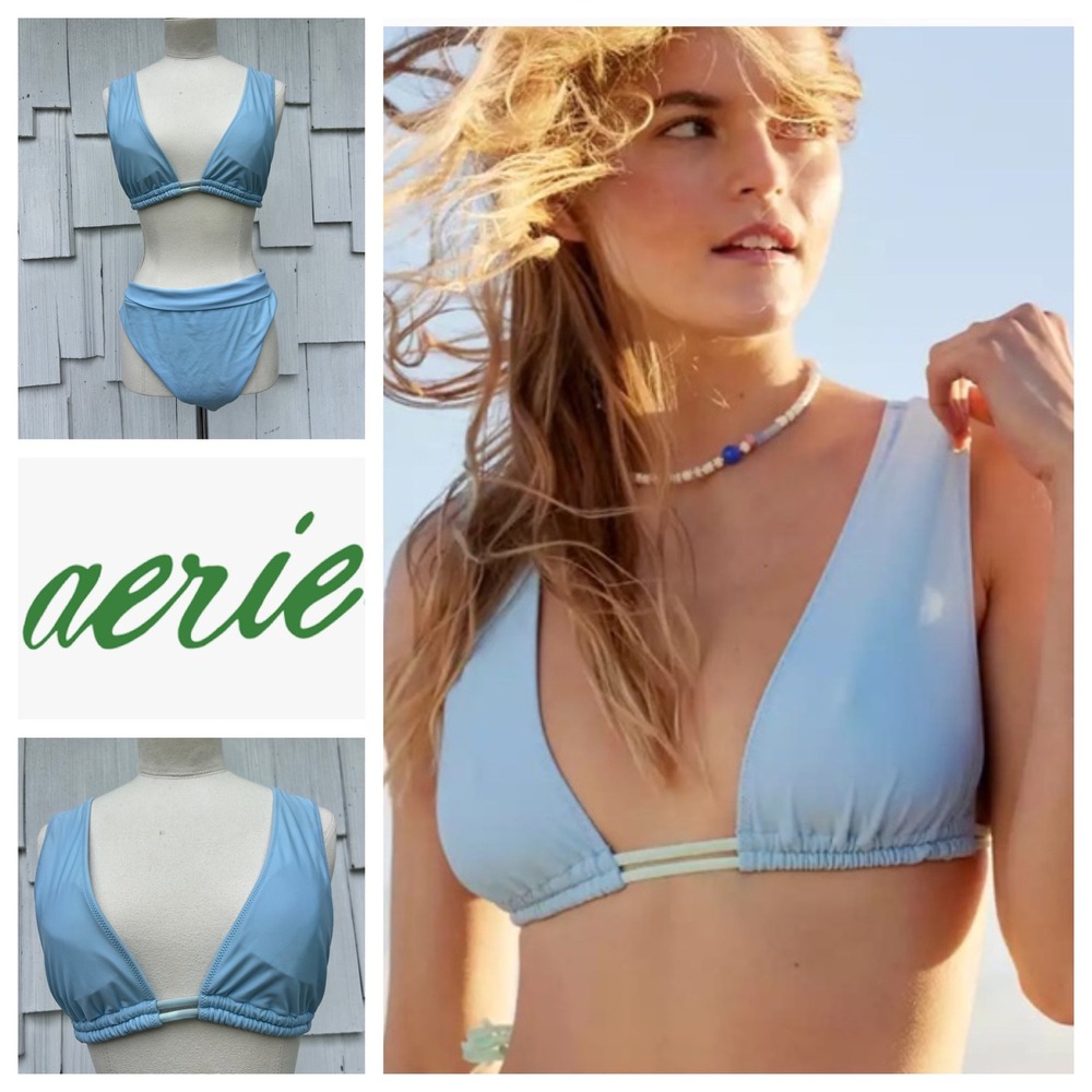 Aerie Real Good Light Blue Plunge Triangle Bikini Top S High Cut Cheeky Bottom L